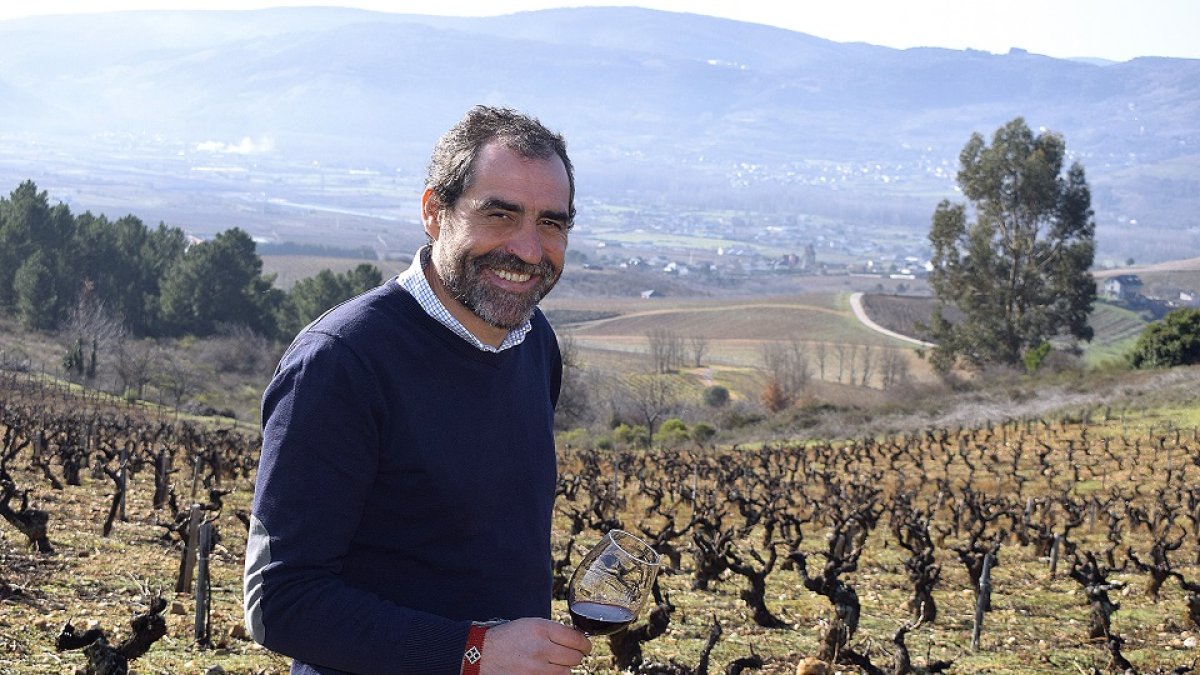 Alejandro Luna con una copa de uno de sus tintos de mencía entre los viñedos.  /  LA POSADA
