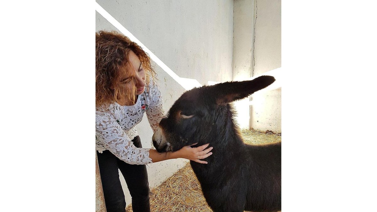 Elsa García posa con una de las integrantes de su explotación en el municipio salmantino de Sieteiglesias de Tormes.-NEATHEA