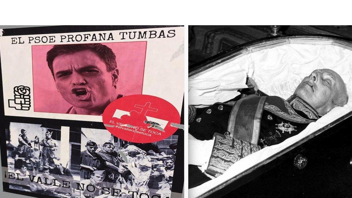 El proyecto del Gobierno de sacar a Franco del Valle de los Caídos ha calentado los ánimos de los últimos franquistas. A la izquierda, pasquín en una pared de Madrid. A la derecha, el cuerpo de Franco, expuesto al público en noviembre de 1975-