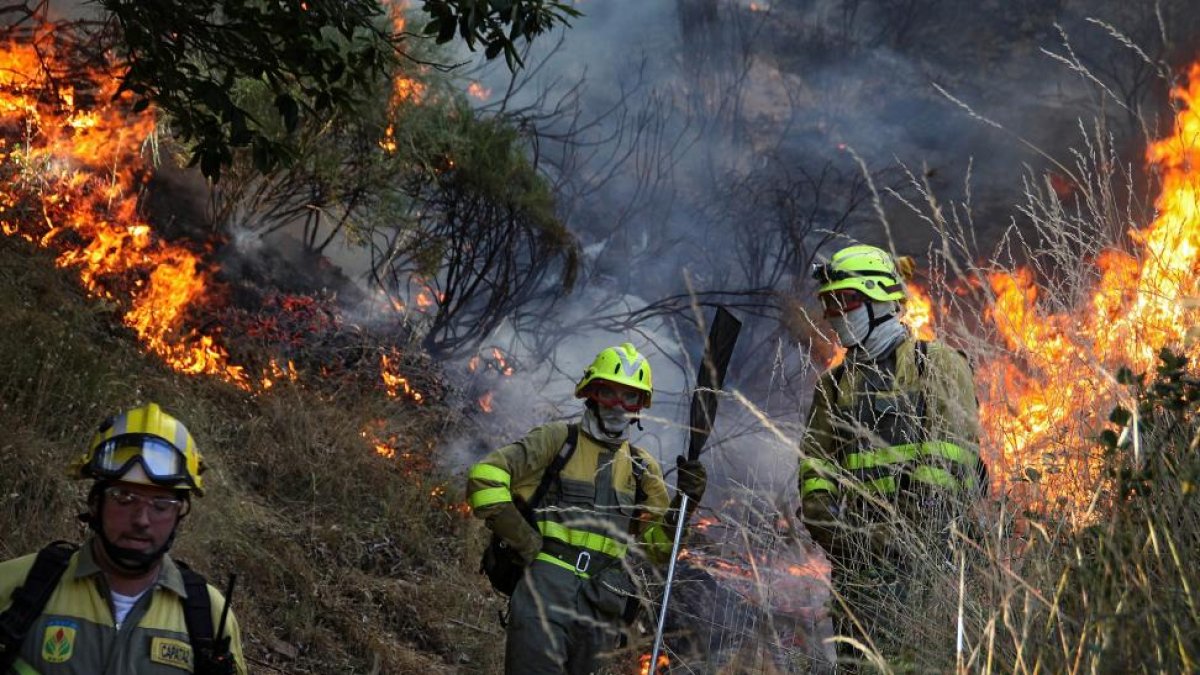 Miembros de un operativo durante un incendio en San Martín de la Falamosa (León) en 2015.-ICAL