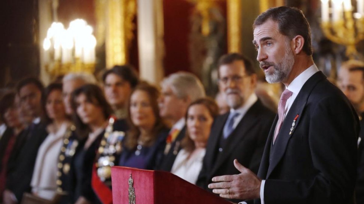 El rey Felipe, durante su intervención en la tradicional recepción al cuerpo diplomático acreditado en España.-SERGIO BARRENECHEA / EFE