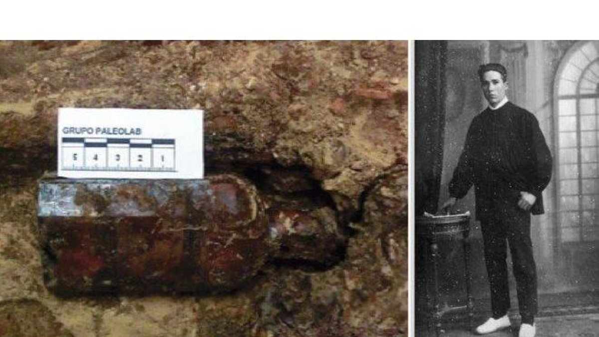 Leoncio Badía, enterrador de Paterna, y una de las botellas que colocaba para identificar los cuerpos de los republicanos fusilados.-GRUPO PALEOLAB Y FAMILIA BADÍA