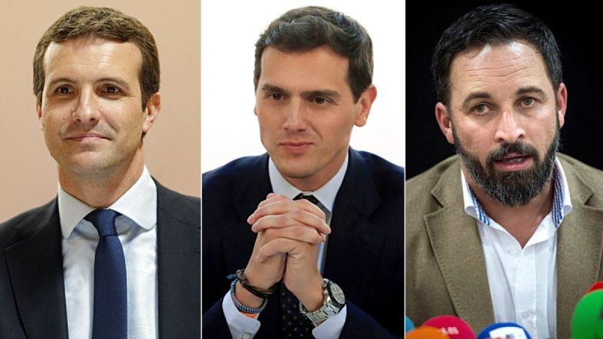 Pablo Casado (PP), Albert Rivera (Ciudadanos) y Santiago Abascal (Vox).-EL PERIÓDICO