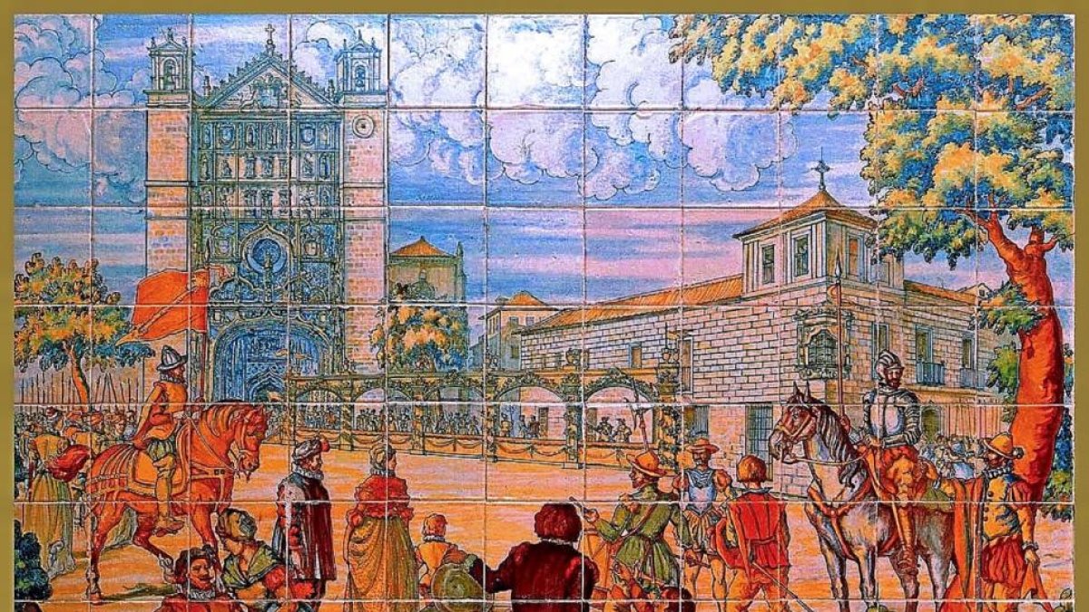 Detalle de los azulejos de Ruiz de la Luna en el Palacio de Pimentel que evocan una escena del bautizo de Felipe II-E. M.
