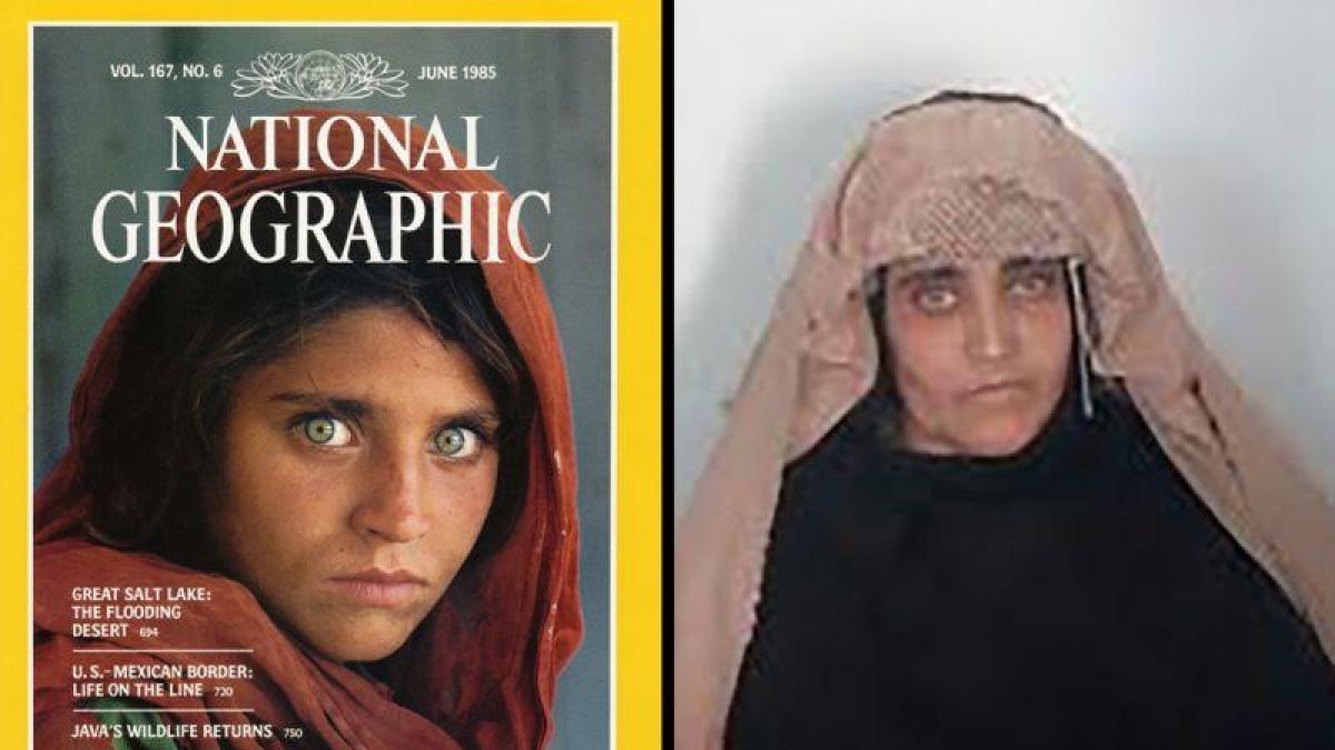 Sharbat Gula, de niña en la portada del 'National Geographic' junto a una imagen de adulta.-EL PERIÓDICO