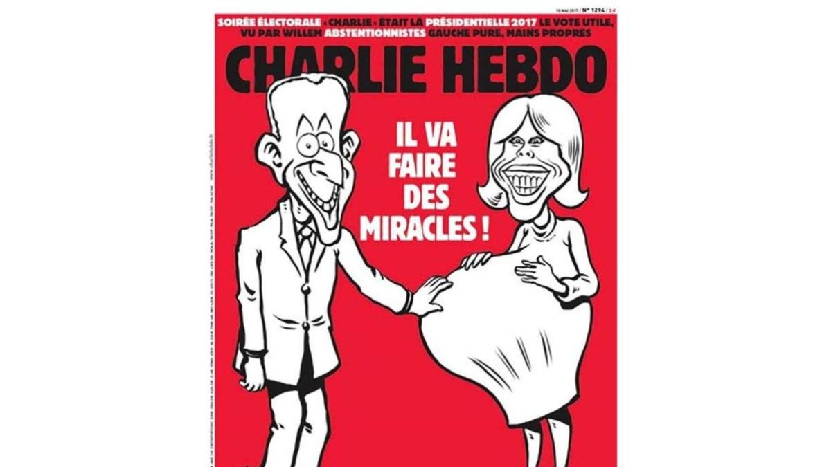 La caricatura de Charlie Hebdo que muestra un dibujo de Brigitte embarazada.-CHARLIE HEBDO