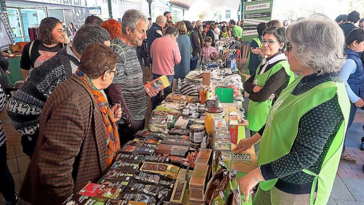 Uno de los puestos de comercio justo que ayer se pudieron ver en la plaza de España.-P. REQUEJO / PHOTOGENIC