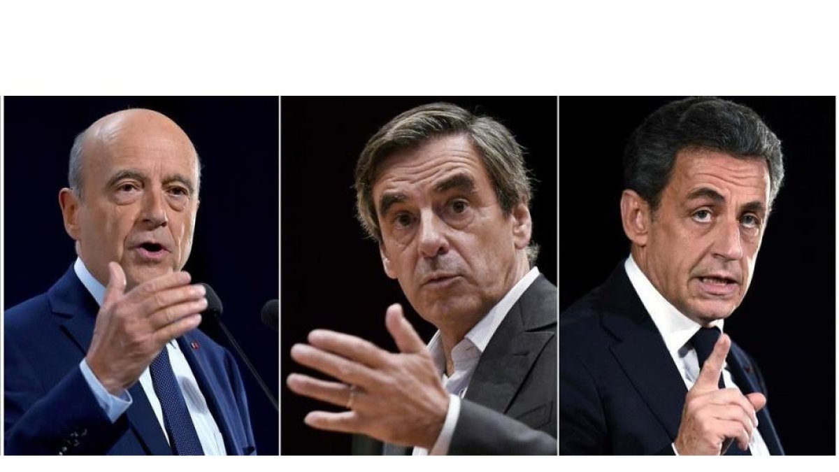 Los tres grandes favoritos en las primarias de la derecha francesa: Juppé (derecha), Fillon (centro) y Sarkozy.-AFP / LOIC VENANCE