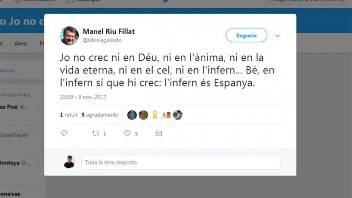 Tuit del profesor de Tremp Manel Riu, citado a declarar en enero por sus críticas a las fuerzas policiales tras el 1-O.-ACN