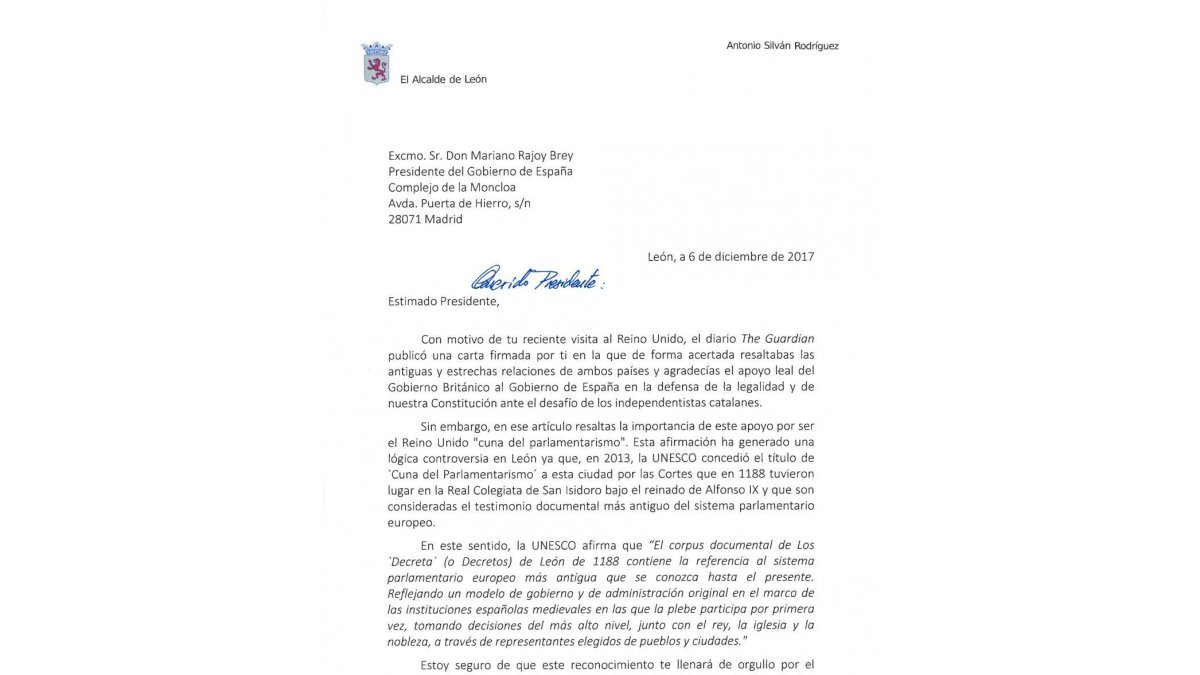 Carta de Antonio Silván remitida a La Moncloa que ayer hizo pública el Ayuntamiento de León.-