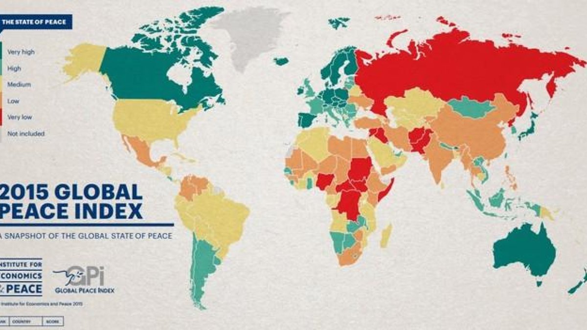 Mapa de la paz mundial realizado por el 'IEP' este 2015.-IEP