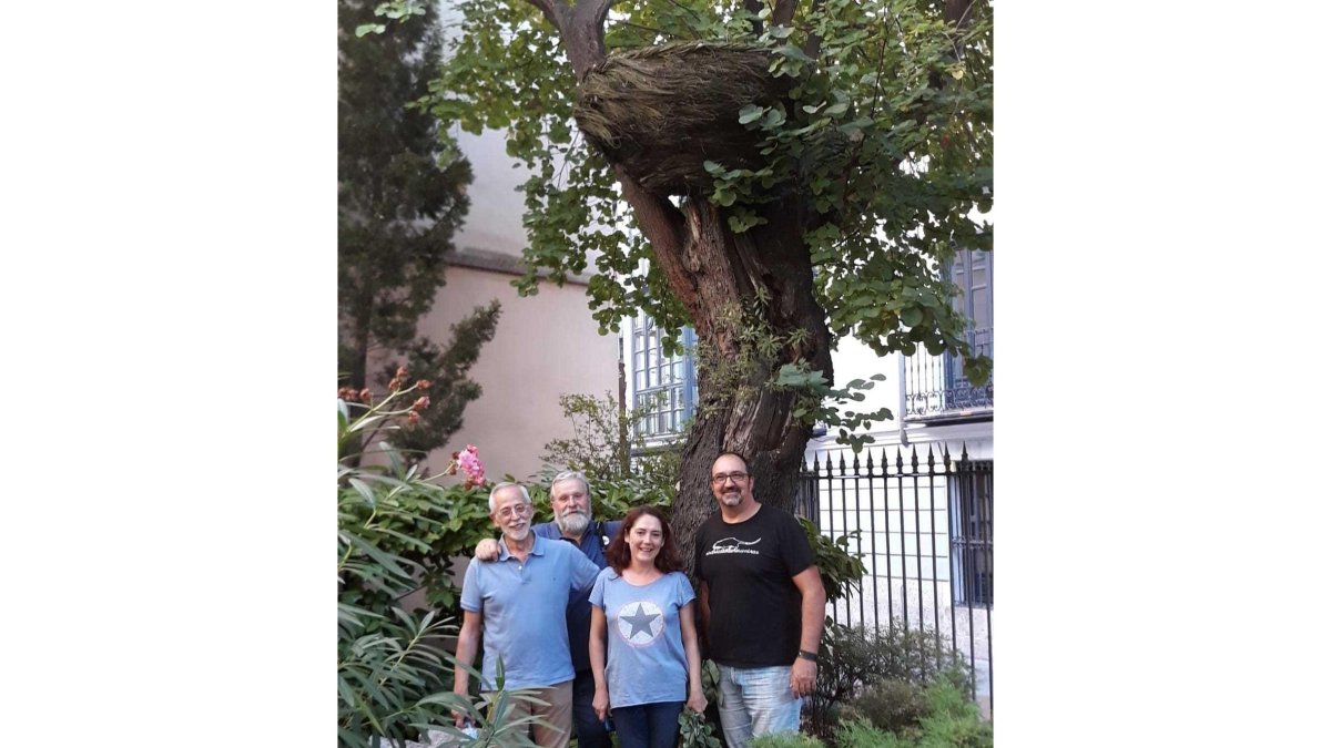 Los artistas y el comisario bajo el nido gigante realizado por Carmen Madreñarroja en el jardín de la Fundación.-E. M.
