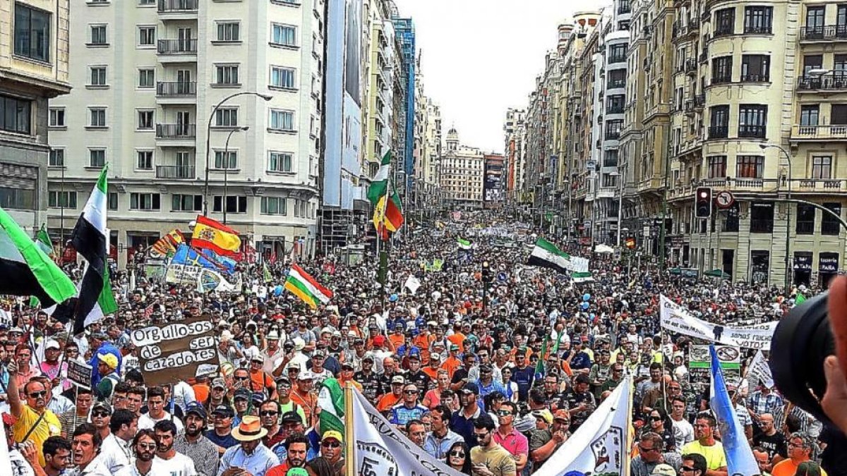 Aspecto de la Gran Vía de Madrid en la manifestación por la pesca, la caza y el mundo rural.-L. DE LA FUENTE