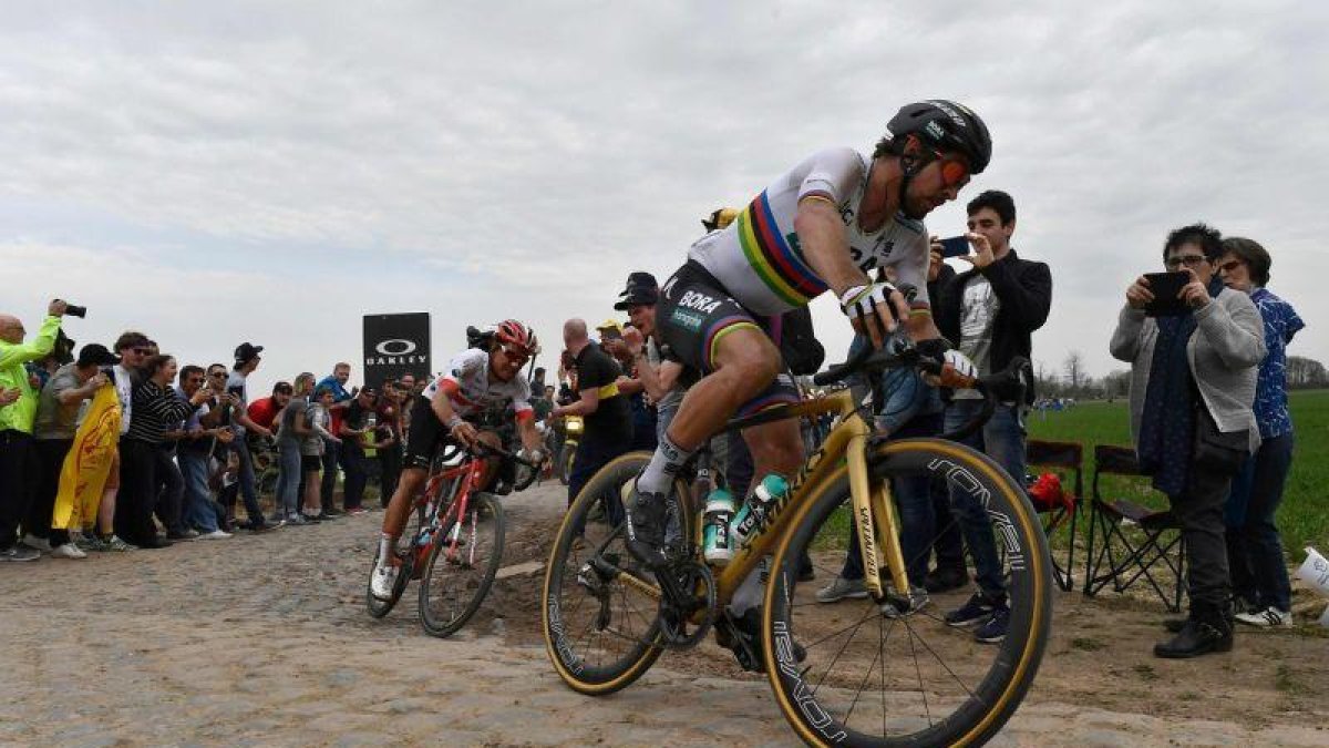 Peter Sagan, en acción, camino de su victoria en Roubaix.-JEFF PACHOUD (AFP)