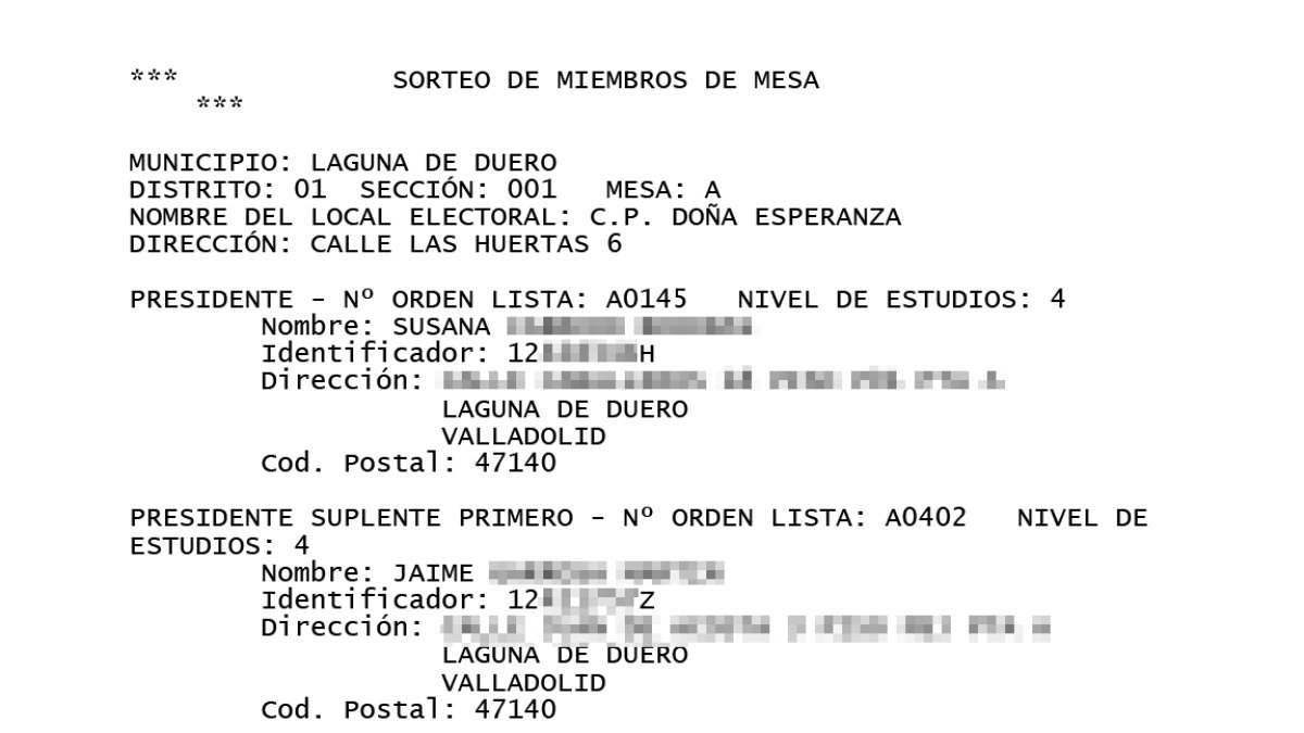 Detalle del listado con los nombre de los miembros de las mesas electorales, enviado por whatsapp en Laguna de Duero