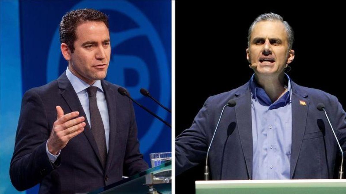 Los secretarios generales del PP, Teodoro García Egea, y de Vox, Javier García Smith, se reúnen esta tarde en Madrid para abordar la investidura de Juan Manuel Moreno.-EL PERIÓDICO