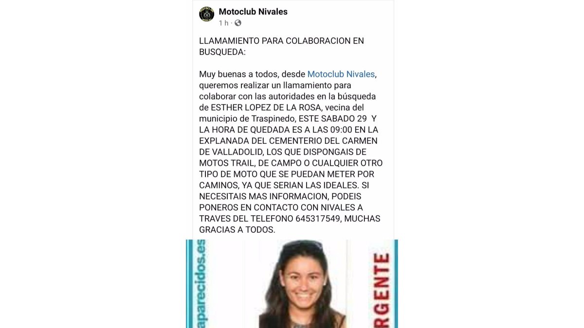 Mensaje del Motoclub Nivales en el que llama a colaborar en la búsqueda de Esther López. - E.PRESS