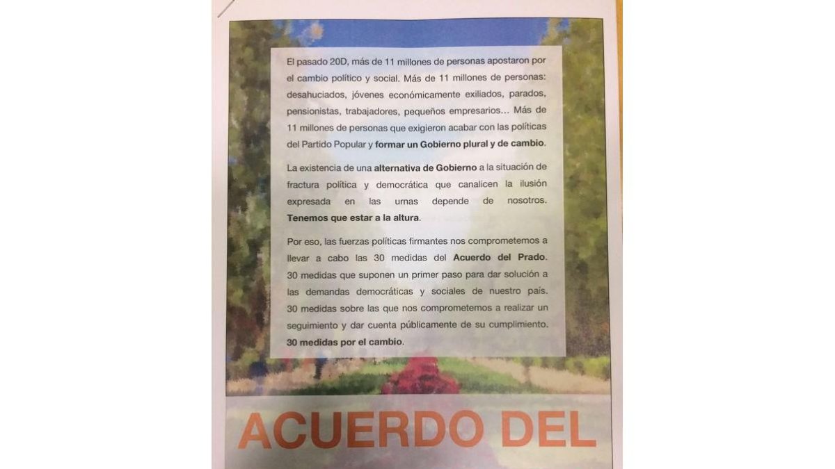 El 'Acuerdo del Prado' que Compromís ha presentado a las fuerzas progresistas.-