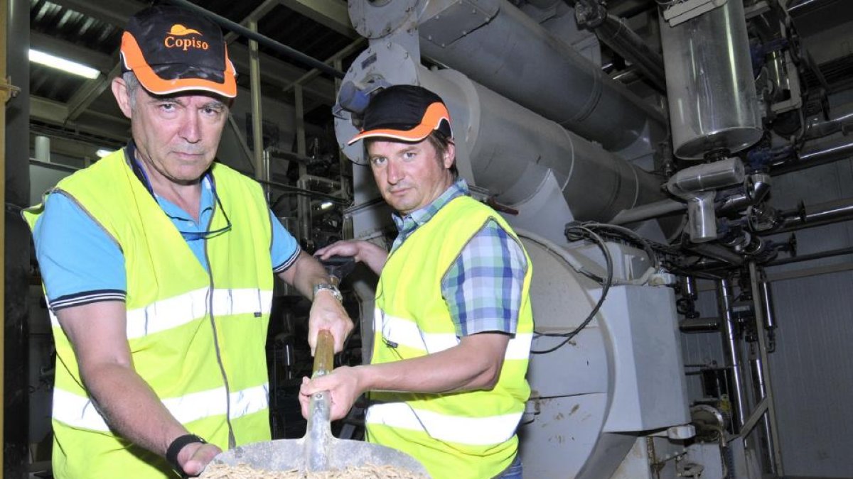Pascual López y José Antonio Gonzalo muestran el pienso que fabrica Copiso.-VALENTÍN GUISANDE