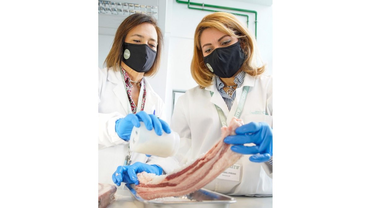 Dos investigadoras del centro tecnológico Cartif muestran la panceta. | J. M. LOSTAU