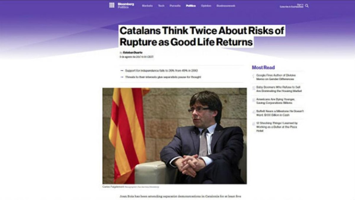 Imagen del artículo publicado por Bloomberg sobre el independentismo.-EL PERIÓDICO