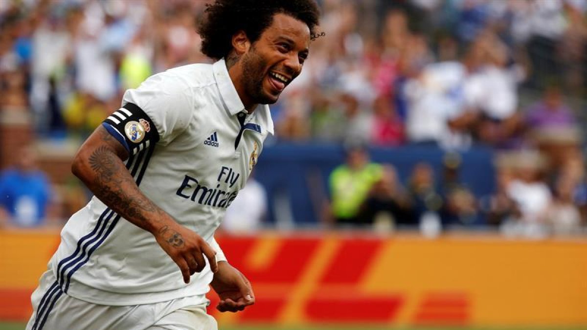 El jugador Marcelo del Real Madrid celebra la anotación de un gol ante el Chelsea.-EFE
