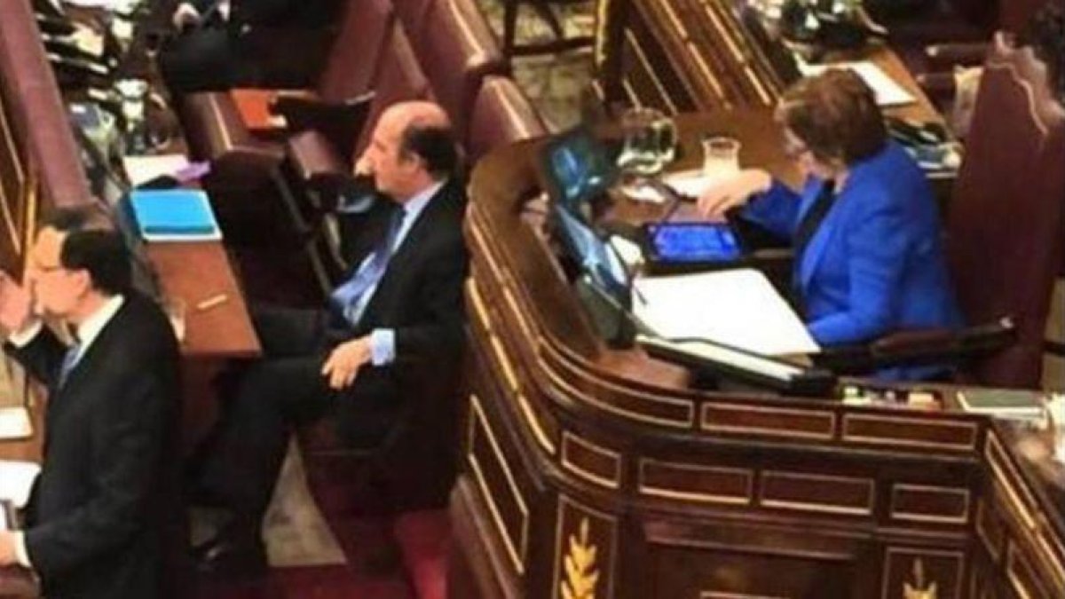 Celia Villalobos (PP) juega con una tablet en la tribuna del Congreso de los Diputados, en febrero del año pasado.-EL PERIÓDICO