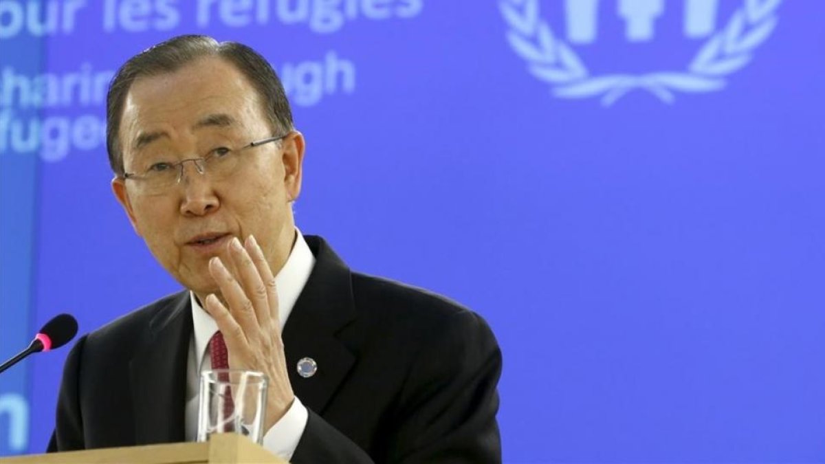 Ban Ki Moon, secretario general de la ONU, en la reunión de la UNHCR en Ginebra este miércoles.-DENIS BALIBOUSE