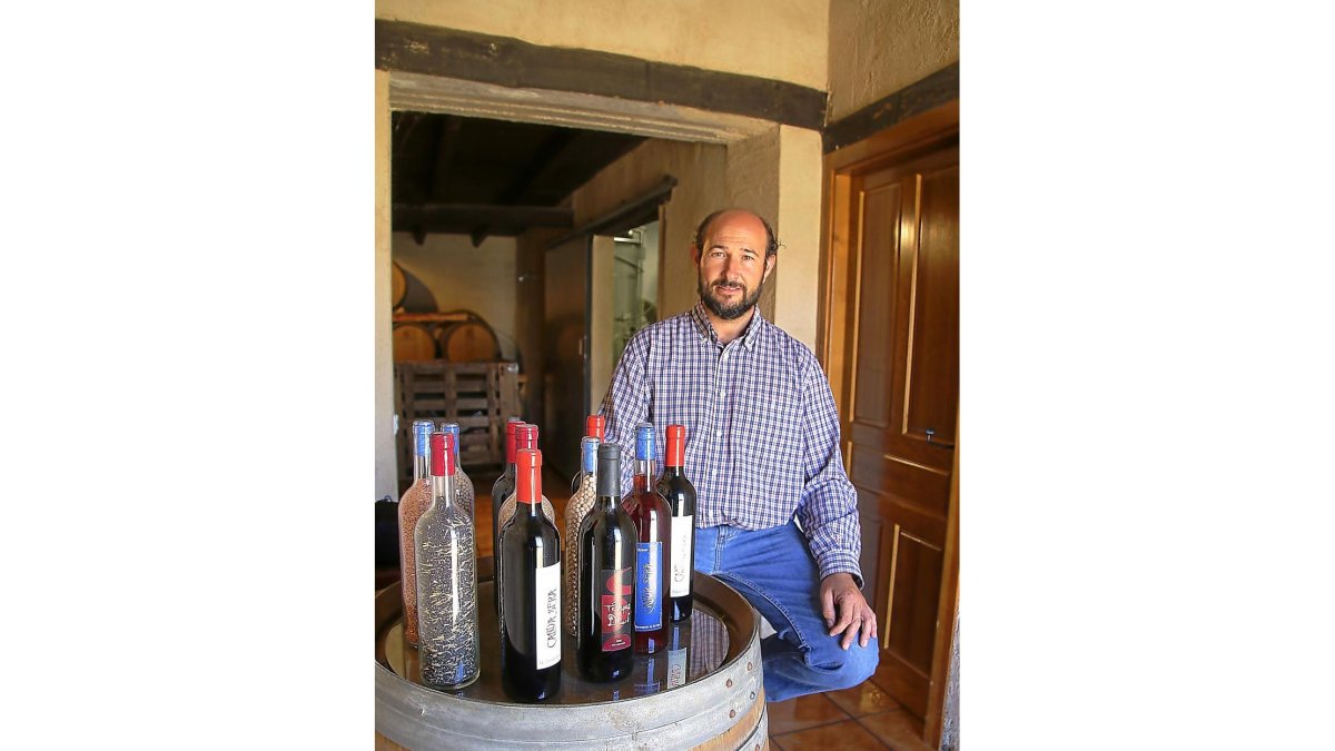 El enólogo Ildefonso Gregorio Hidalgo posa en la entrada de la bodega con sus vinos.-M.T.