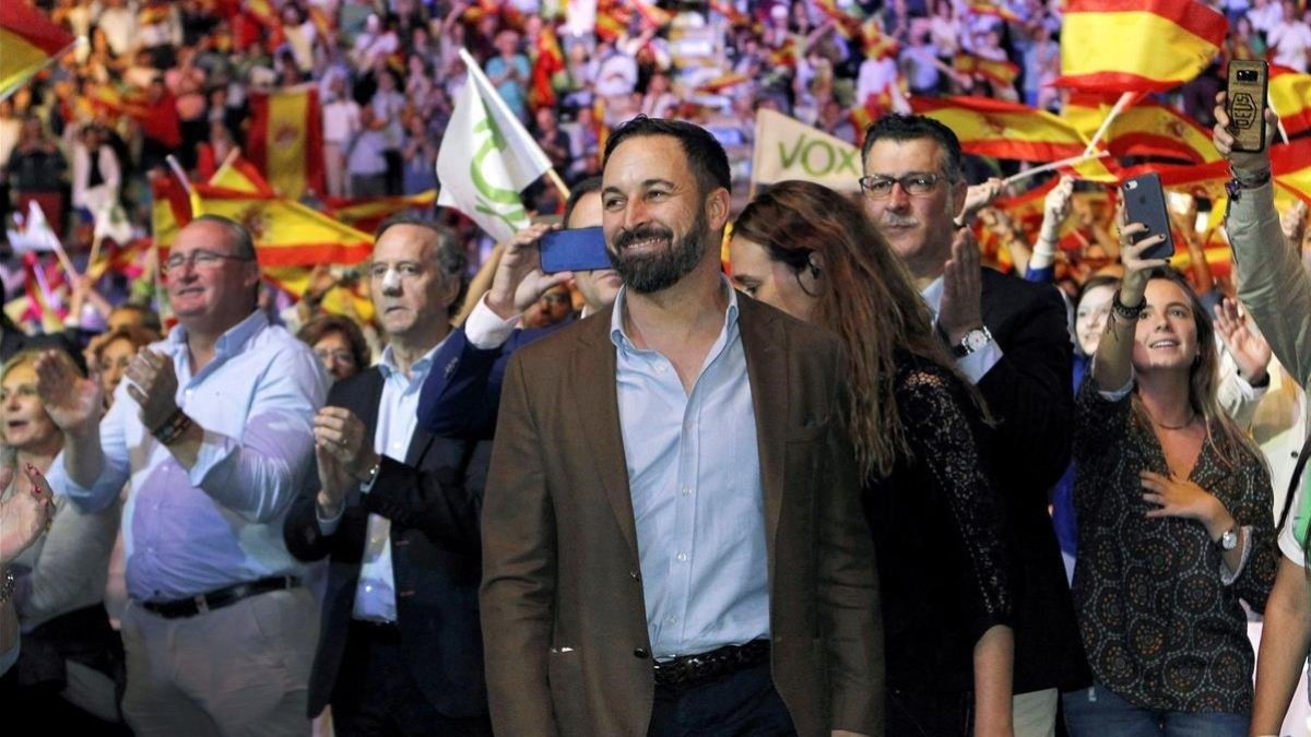 El presidente de Vox, Santiago Abascal, durante el acto de la formacion celebrado el pasado 7 de octubre en el Palacio de Vistalegre de Madrid.-