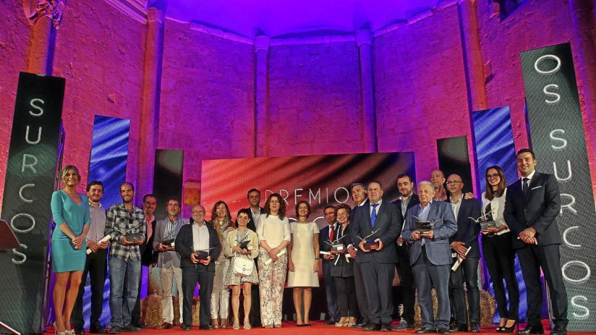 Los premiados con los Premios Surcos de RTVCyL, en la foto de familia con los presentadores de la gala, la consejera Milagros Marcos y la ministra Isabel García Tejerina.-ICAL