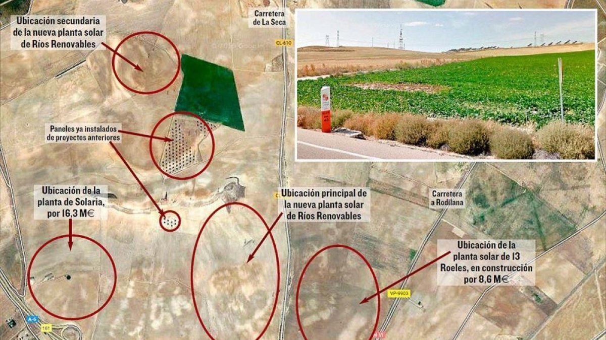 Vista aérea de los terrenos al norte de Medina donde se construirán nuevos parques solares. Arriba, el acceso.-GGL SW