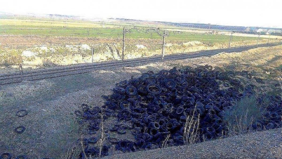 Parcela municipal situada a la entrada de Medina del Campo con centenares de neumáticos.-E. M.