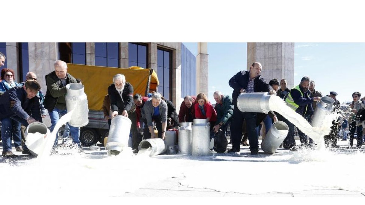Una veintena de ganaderos de la provincia de León derraman leche ante la Delegación Territorial de la Junta en la capital leonesa para reclamar la recogida del producto en sus explotaciones y el pago de un precio digno por la producción-ICAL