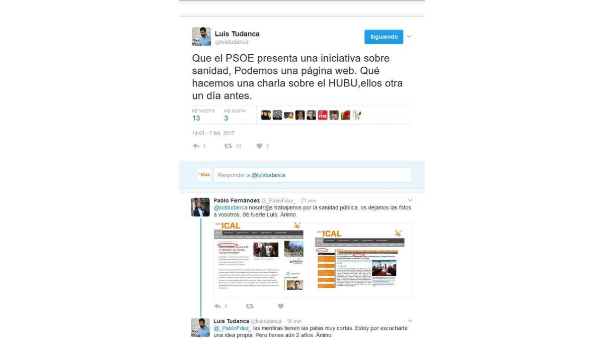 Mensajes de Twitter entre Luis Tudanca (PSOE) y Pablo Fernández (Podemos), durante el Pleno de las Cortes-ICAL