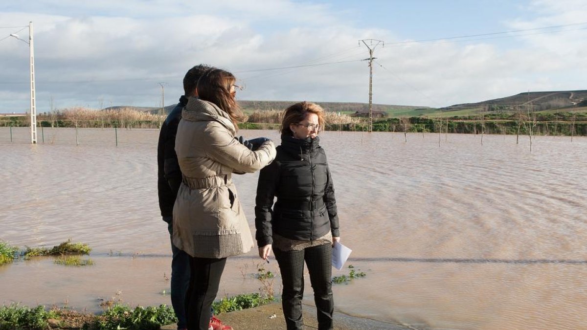 La presidenta de la Diputación, Maite Martín Pozo, observa la subida del caudal del río Valderaduey, que ha ocasionado inundaciones en Benegiles.-ICAL