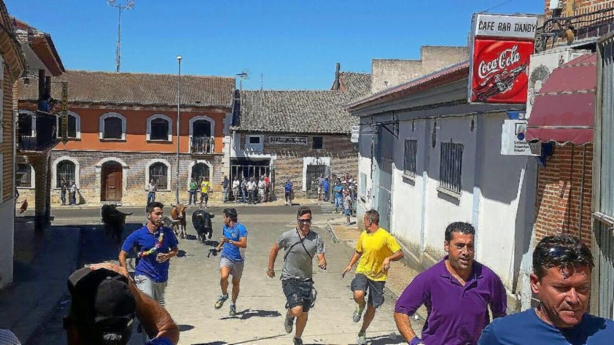 Varios jóvenes corren delante de los novillos en el último encierro.-E. M.