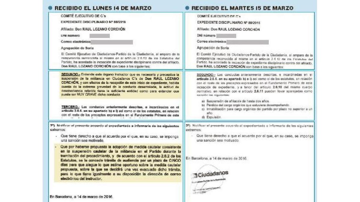 DOS EXPEDIENTES DISTINTOS EN 18 HORAS. Entre estos dos expedientes pasan 18 horas y dos cambios. En el primero, del día 14, aparece la suspensión de militancia hasta en dos apartados –en la imagen remarcados en amarillo–, que ya en el de ayer desaparecen.-E.M.
