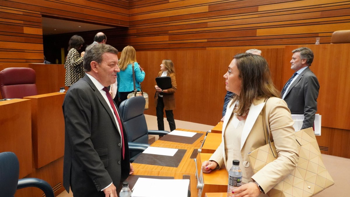 La consejera de Movilidad María González Corral conversa con el consejero de Presidencia Luis Miguel González Gago en el pleno de las Cortes.- ICAL