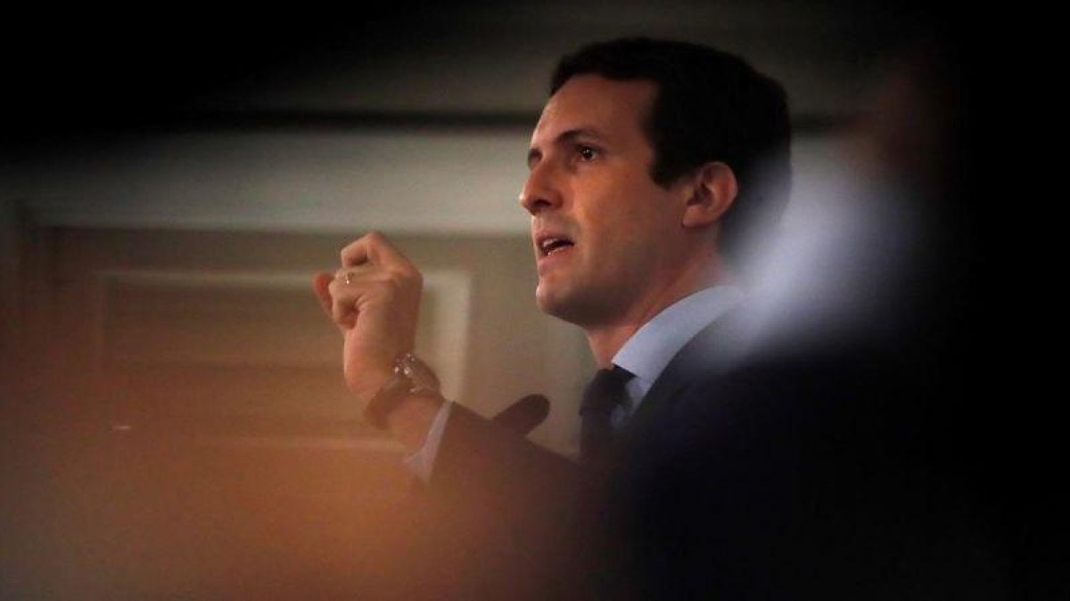 Pablo Casado, este martes, durante el desayuno informativo de Europa Press en Madrid.-EFE / JUAN CARLOS HIDALGO