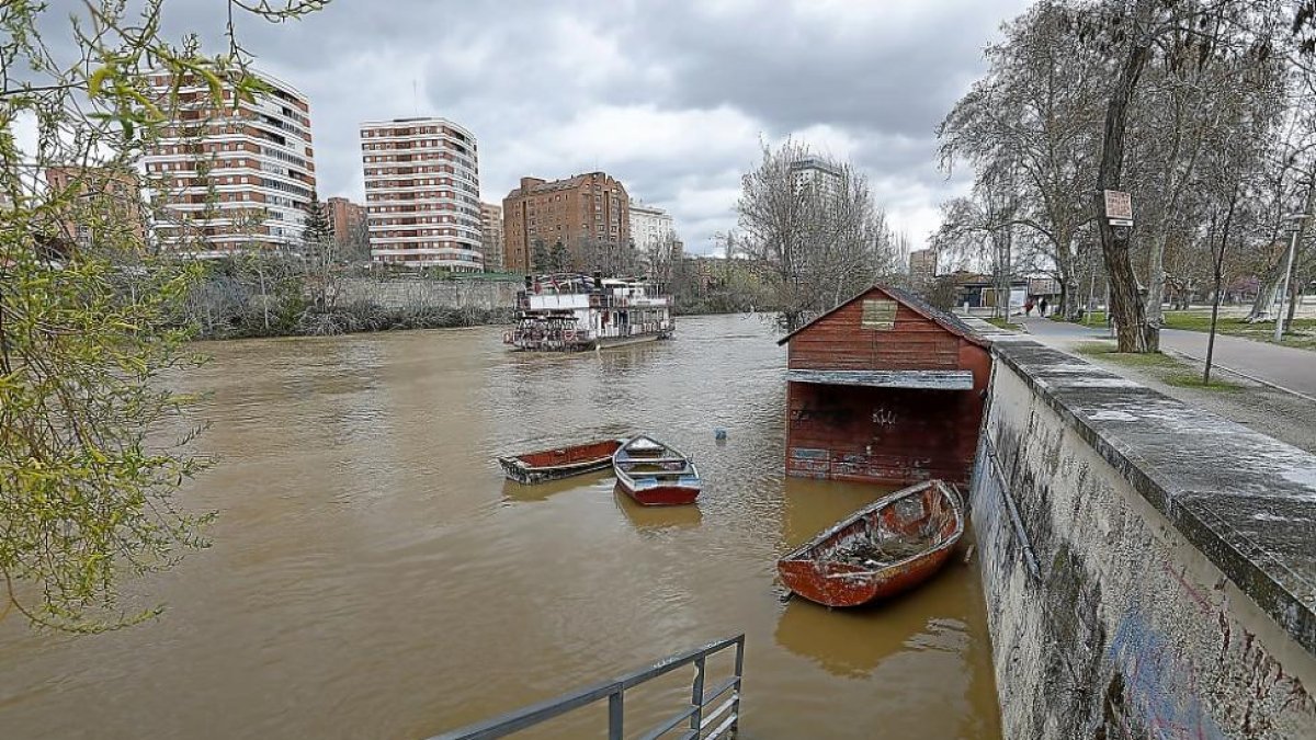 Nivel del agua del Pisuerga ayer, que sumergió los paseos peatonales de ribera y alcanzó las casetas de los barqueros.-J.M. LOSTAU