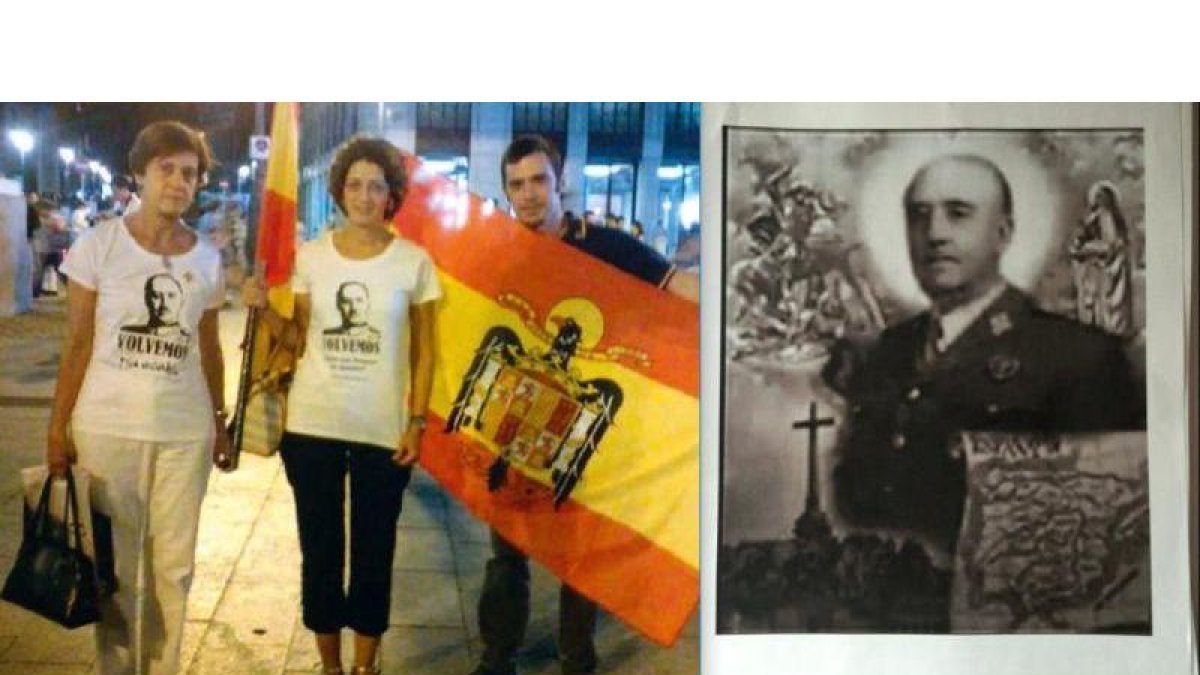 Pilar Gutiérrez, primera por la izquierda, en una manifestación franquista en Madrid en 2015. A la derecha, la estampita o logotipo con que ilustran los testimonios que recoge la postulación en favor de la canonización de Franco.-EL PERIÓDICO