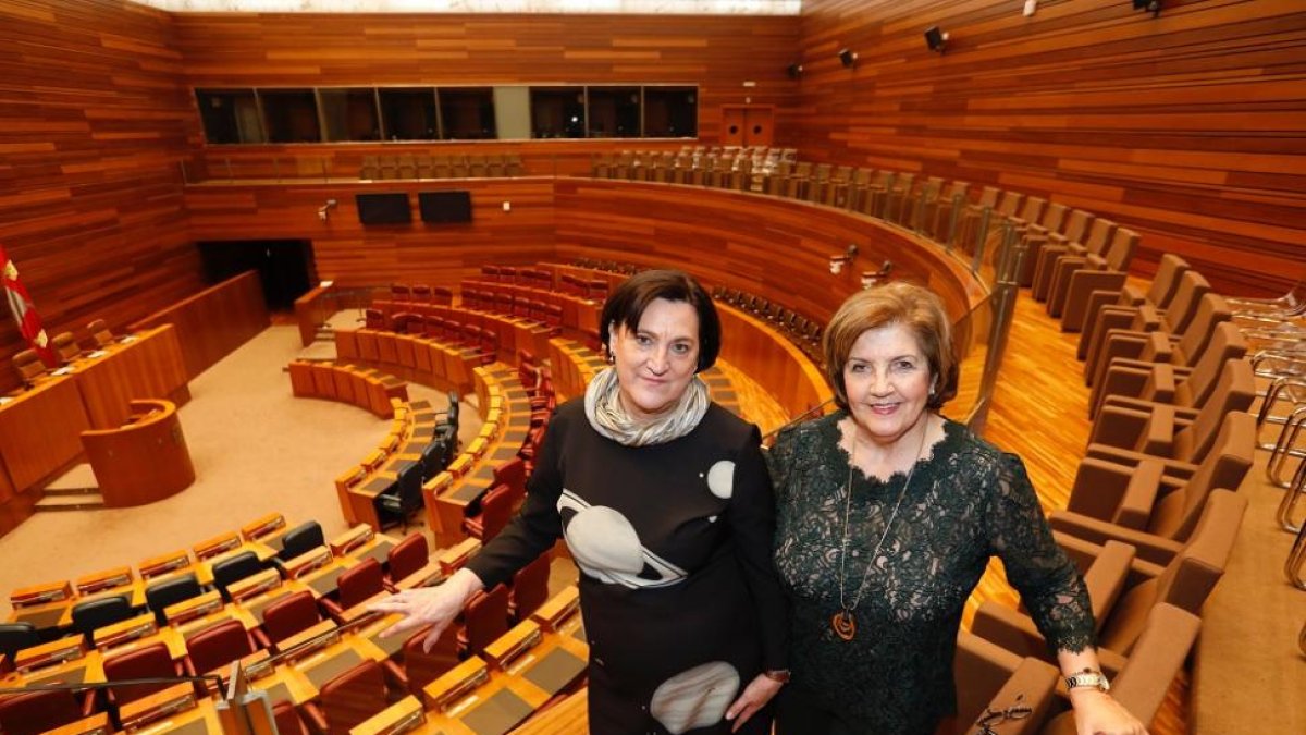 Las ex procuradoras socialistas Rosario Peñalva y Concha Puente, esta semana, en el salón de Plenos de las Cortes de Castilla y León.-J. M. LOSTAU