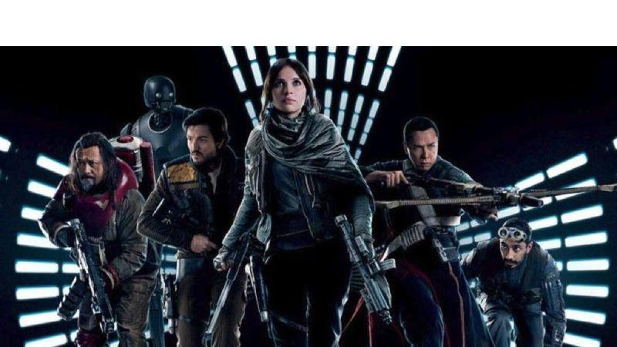 Los buenos de 'Rogue One', con Jyn Erso (Felicity Jones) en primer plano.-