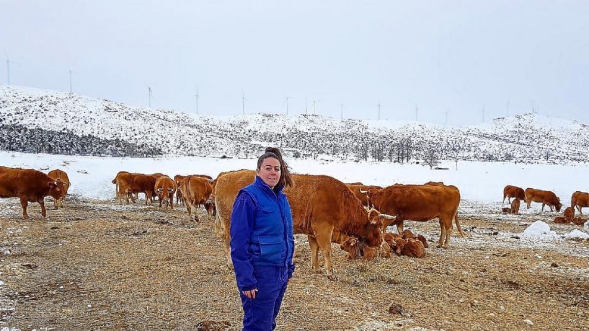Lucía López, ganadera de extensivo de 22 años, con sus animales en la zona segoviana de Villacastín. / e.m.-E.M.