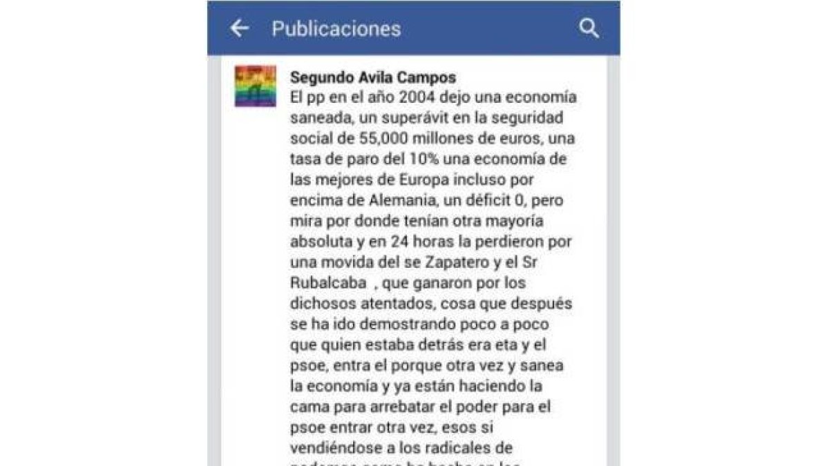 Comentario que el concejal del PP de Algeciras Segundo Ávila publicó en su cuenta de Facebook.-