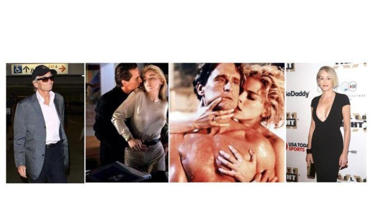 En el centro, sendas escenas de 'Instinto básico' (1992). Michael Douglas (izquierda) y Sharon Stone, en la actualidad.-