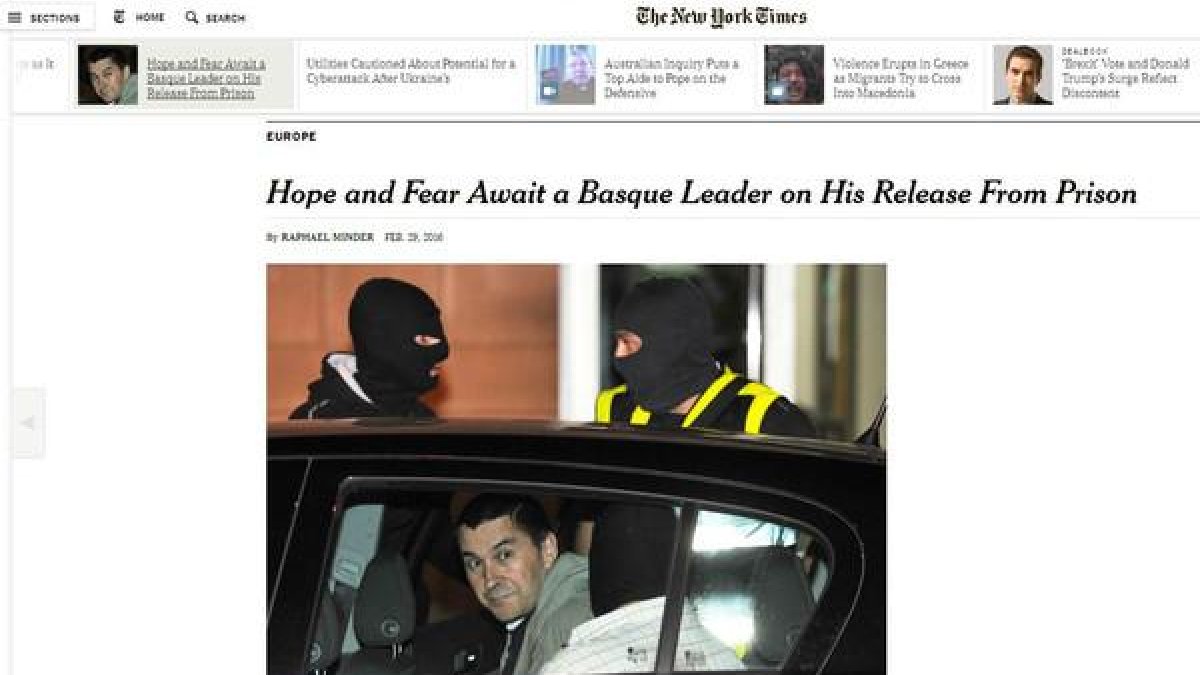 Captura de la entrevista que publica 'The New York Times' a Arnaldo Otegi en su web.-