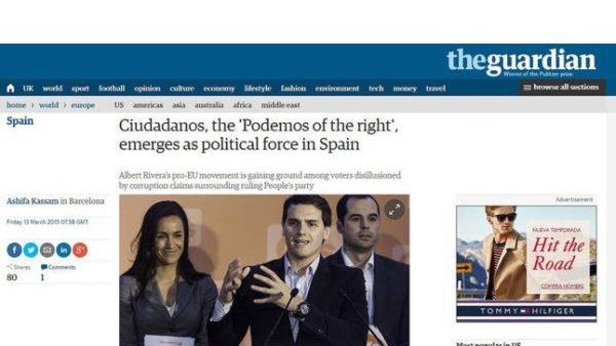 El artículo dedicado a Ciutadans y Albert Rivera, en 'The Guardian', este viernes.-