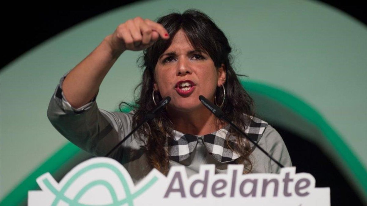 Teresa Rodríguez, líder de Adelante Andalucía, coalición entre Podemos e IU, durante el mitin de cierre de campaña el pasado viernes.-JORGE GUERRERO (AFP)